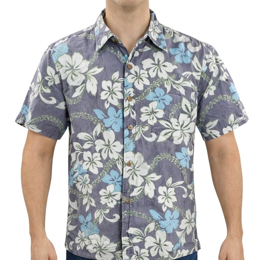 Cooke Street Hawaiian Aloha Shirt XL Tropical Flowers Reverse Print Gray Blue